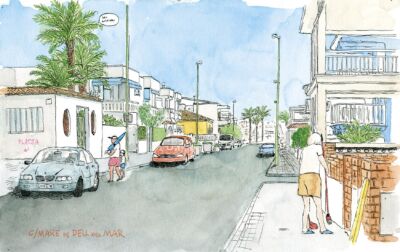 Dibujos de pueblos de Valencia. Lámina decorativa con una ilustración del Carrer Mare de Deu del Mar (Virgen del Mar) en la playa de oliva, comarca de la Safor (Valencia). Acuarela estilo urban sketchers España.