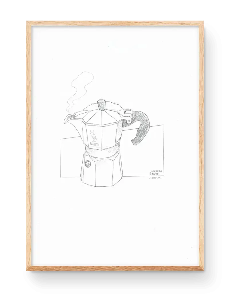 Subasta de un dibujo original de la cafetera bialetti. Boceto a lapiz