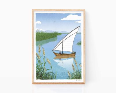 Dibujos de Valencia. Lámina con una ilustración artesanal del parque natural de la Albufera en Valencia. Cuadros decorativos para enmarcar de La Terreta con prints exclusivas de estilo souvenir de viaje.