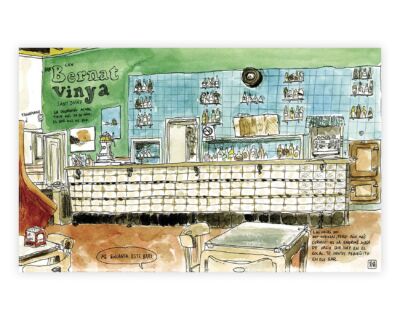 Dibujo en acuarela y tinta del bar bernat vinya en el municipio de Sant Josep de Sa Talaia, Ibiza. Islas Baleares, España. Mediterraneo