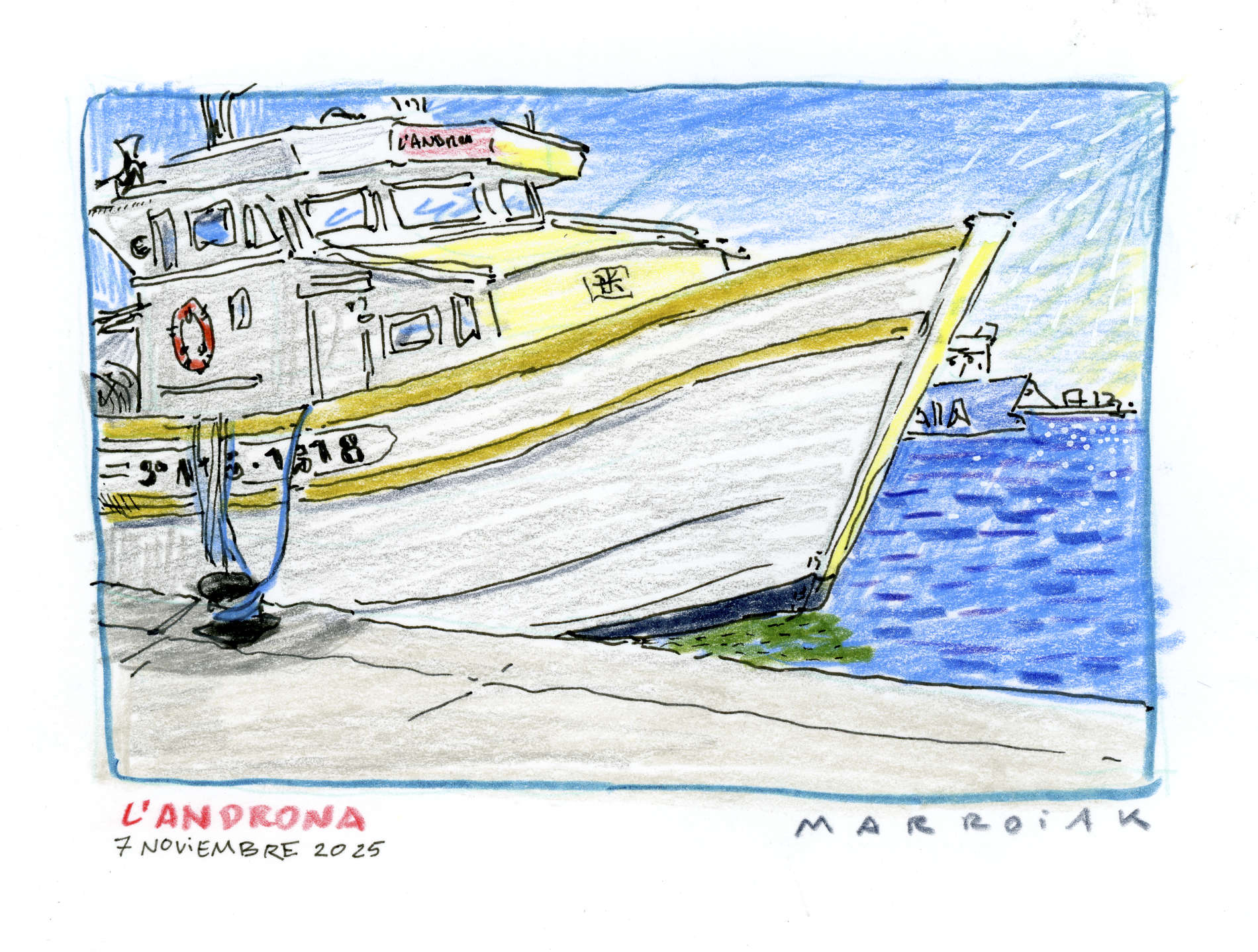 original drawing of a fishing boat in denia. Postcards of the world