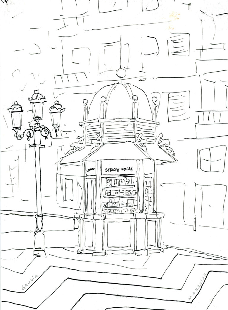 Boceto kiosko gandia original en tinta