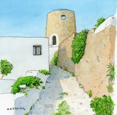 casa antigua ibiza acuarela original subasta