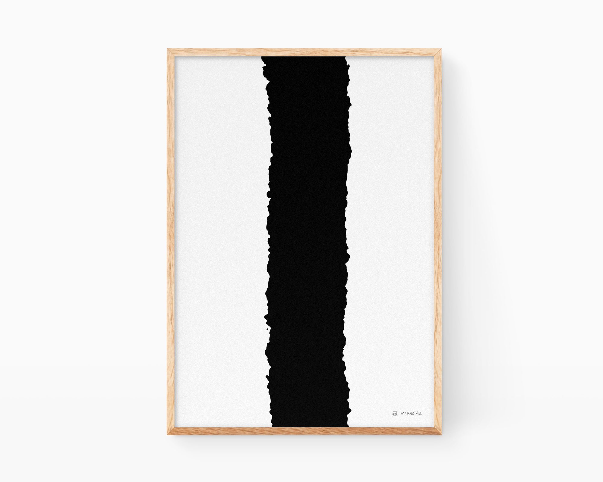 Painting black thick line. Decorative abstract art picture to frame with a black and white sheet of zen and elegant style. Exclusive minimalist Japanese print.