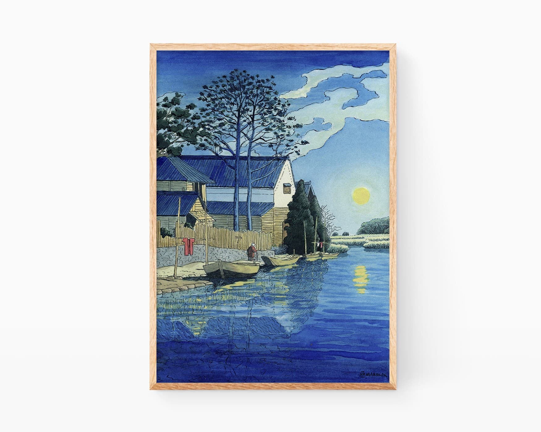 Cuadros ukiyo-e arte contemporáneo. Lámina (print) con una versión de Hasui Kawase ilustración en acuarela. Dibujo con una noche sobre un pueblo de Japón donde aparecen barcas, un río, la luna y varias casas.