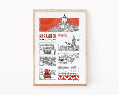 Cuadros de Marruecos: Lámina con un dibujo estilo cómic de la ciudad de Marrakech. Ilustración en blanco, negro y rojo. Tinta y acuarela sobre papel. Medina