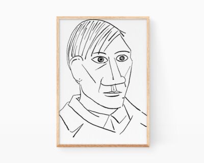 Cuadros para enmarcar de Pablo Picasso. Lámina (print) decorativa con una ilustración en blanco y negro de un auto-retrato cubista. Dibujo en tinta sobre papel. Arte moderno de estilo lineal.