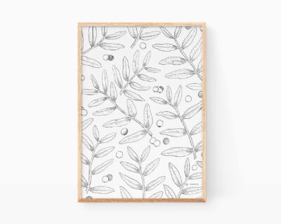 Cuadros decorativos para enmarcar de plantas para cocinas. Ilustración botánica dibujada a mano de varias hojas y frutos del arbusto Llentiscle (lentisco en valenciano). Patrones decoración vegetal.
