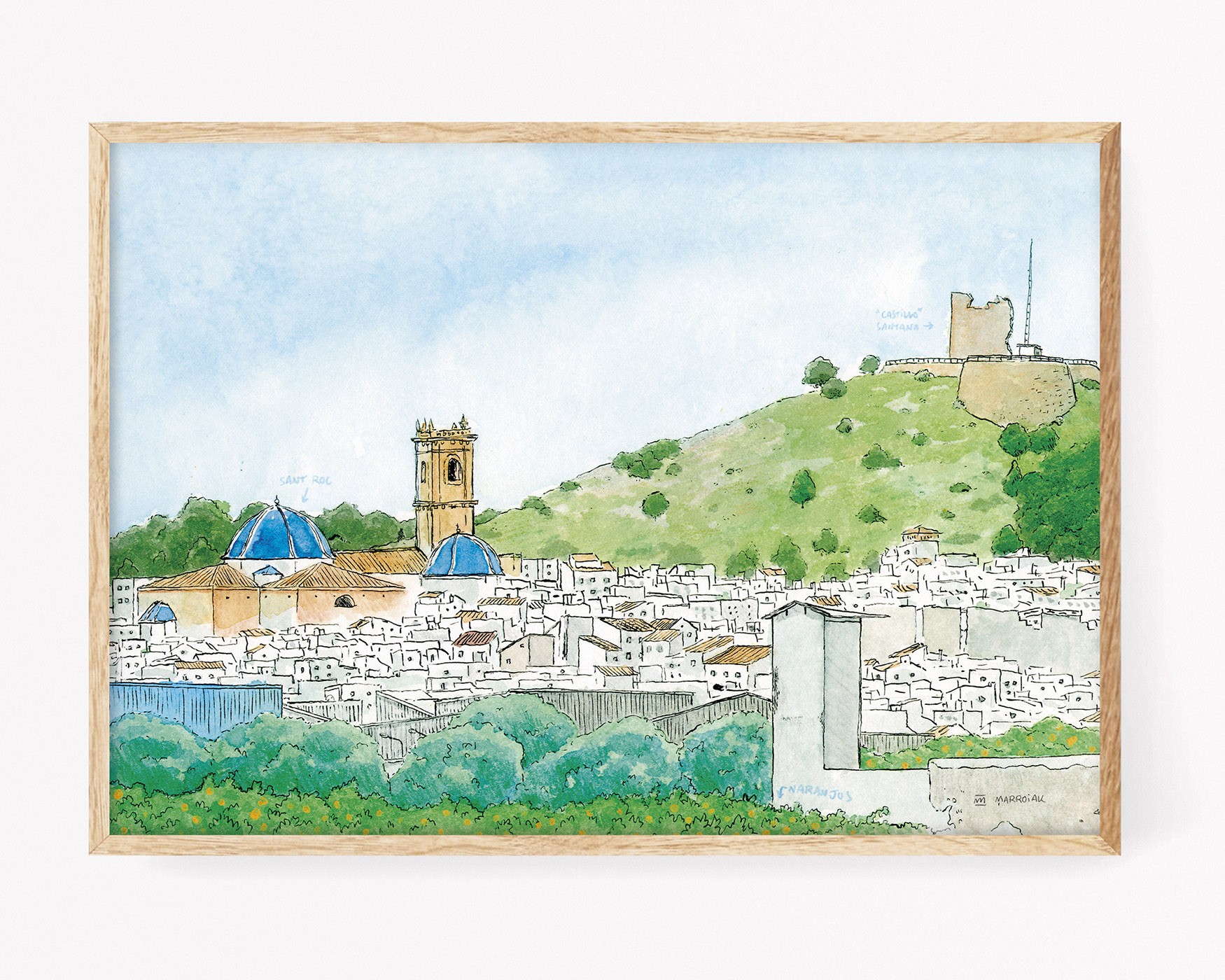 Vista pueblo Oliva, Valencia - Cuadro decorativo para enmarcar con una lámina impresa sobre papel museo - Prints con dibujos de paisajes de la comarca de La Safor no basados en fotos. Castillo Santa Anna e Iglesia Sant Roc. Dibujos y fotos de Oliva pueblo