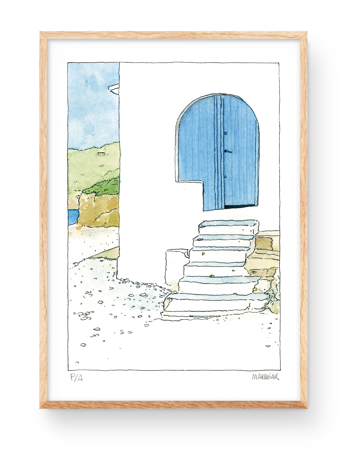 Painting blue door of Cala Portichol beach in Javea. Watercolors of Mediterranean beaches
