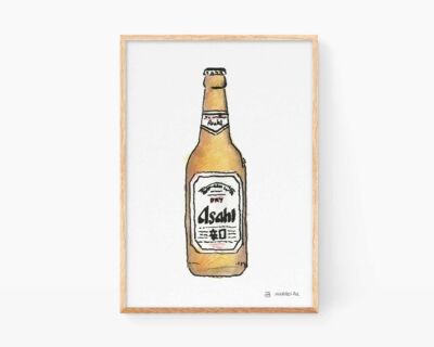 Cuadros decorativos para cocina. Lámina con una ilustración para enmarcar de la cerveza de Japón Asahi. Dibujos en acuarela de estilo moderno para decoración de pisos, casas y cervecerías.