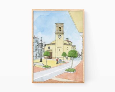 Dibujos de Miramar en La Safor (Valencia). Ilustraciones de viaje en acuarela de iglesias de la Comunidad Valenciana y de pueblos de la costa. Parroquia de Sant Andreu en un pueblo de la comarca.