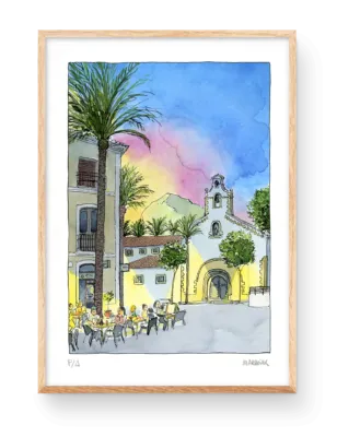 Lámina ilustración en acaurela de un atardecer en una plaza del pueblo de Javea en la Marina Alta, Alicante. Al fondo un paisaje del Montgó. Marroiak