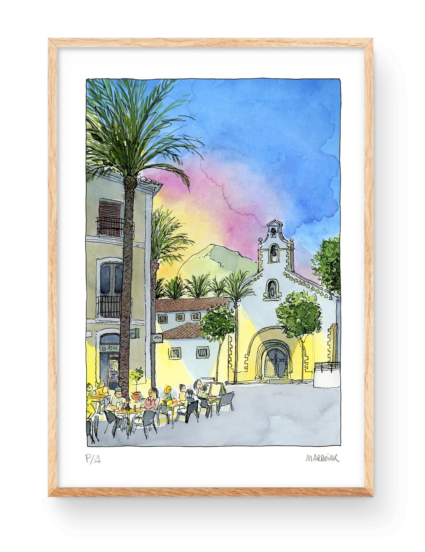 Illustration in acaurela of a sunset in a square in the town of Javea in the Marina Alta, Alicante. In the background a landscape of the Montgó. Marroiak