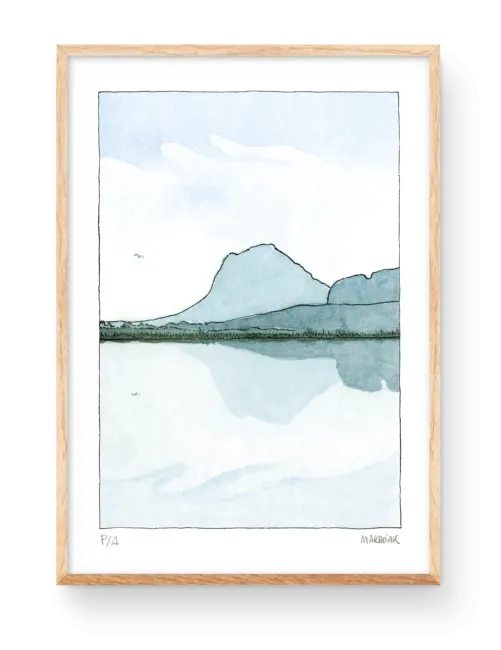 Dibujo en acuarela de la montaña El Montgo visto desde la marjal Pego Oliva, junto a Denia. Ilustración de Marroiak