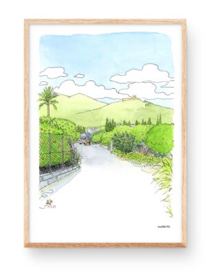 Dibujo del cami de les bruixes en Oliva (Valencia) con campos de naranja y "collidors de taronja"