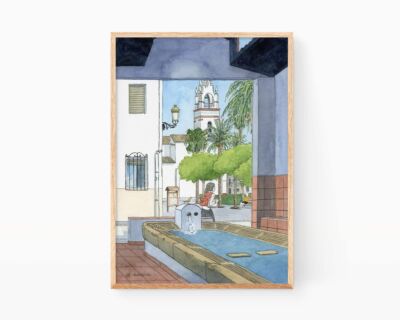 Lámina con una ilustración en acuarela del lavadero y la iglesia de Benifaró de la Valldigna en La Safor, Valencia. Paisajes urbanos