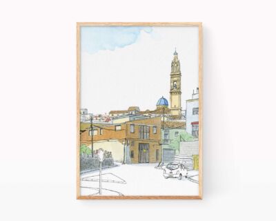 Dibujos de La Safor en Valencia. Ilustración en acuarela de la entrada al pueblo de La Font d´en Carrós con la iglesia de fondo. Bocetos de España estilo urban sketchers. Pueblos de La Safor