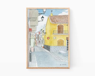 Dibujo en acuarela del real de gandia. Paisajes de pueblos de Valencia