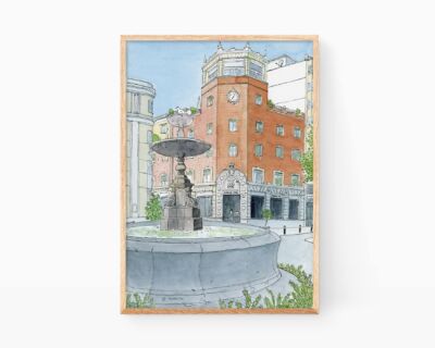 Dibujos de Gandia en La Safor (Valencia). Acuarela del paseo germanías con una ilustración del edificio Caixa Bank y la fuente. Paisajes estilo urban sketchers en España