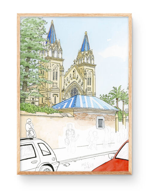 Dibujos pueblos de Valencia, Lámina con una ilustración del colegio de Las Esclavas en la ciudad de Benirredrà y Gandía en la Safor. Acuarela sobre papel
