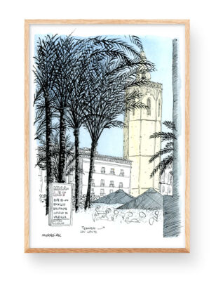Láminas (prints) de Valencia. Ilustración en acuarela y tinta del Micalet en la ciudad del Turia. Ilustración de un paisaje decorativa para enmarcar