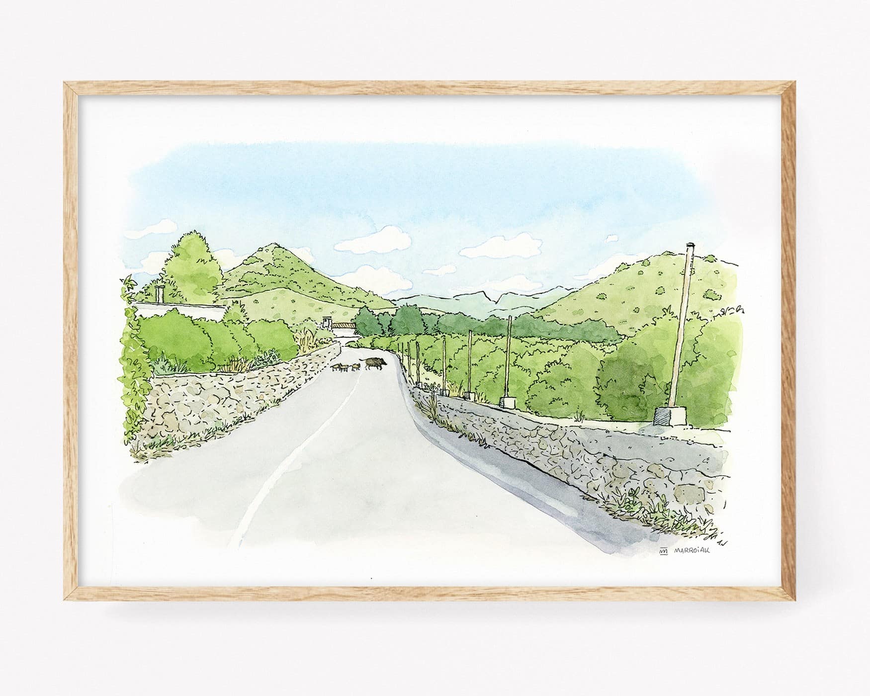 Ilustración de una jabalí y sus jabatos cruzando un camino en la comarca de la Safor, Valencia. Arte de naturaleza