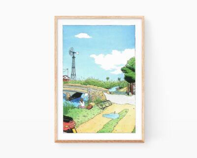 Cuadro decorativo estilo ukiyo-e mediterráneo con una mujer fumando frente a un río del Parc Natural de la Marjal Pego-Oliva en la comunidad Valenciana. Póster artístico de Marroiak