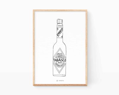 Cuadro en blanco y negro para cocinas. Lámina para enmarcar con un dibujo de una botella de Tabasco típico de gastronomía americana y mexicana picante. Ilustración exclusiva venta online