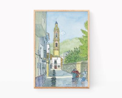 Dibujos de pueblos de la Safor, Valencia. Lámina con una ilustración en acuarela de la Iglesia de San Lorenzo en el municipio de Benirredrà. Bocetos de España de estilo Urban Sketchers