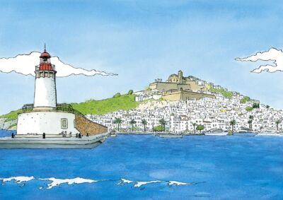 Cuadros de paisajes de Ibiza. Lámina decorativa para enmarcar con una ilustración en acuarela del Puerto de Eivissa, La Marina y Dalt Vila en la isla de Ibiza. Print con dibujo exclusivo disponible para comprar online. Póster artístico de Marroiak