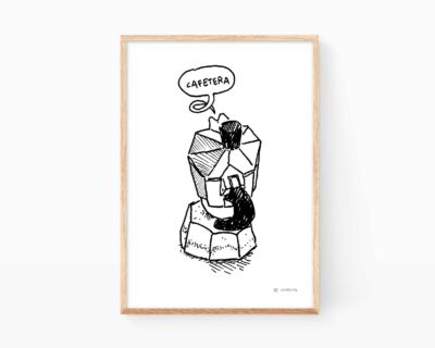 Lámina ilustración cafetera boceto en blanco y negro. Dibujos para cafeterías.