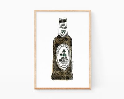 Illustration of an Italian beer Birra Moretti (Italy). Drawings for bars and breweries.