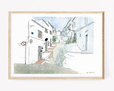 Cuadro para enmarcar con una ilustración del Carrer de la corbera en el municipio de Oliva (La Safor - Valencia). Boceto urban sketchers barrio antiguo histórico. Pueblos de La Safor