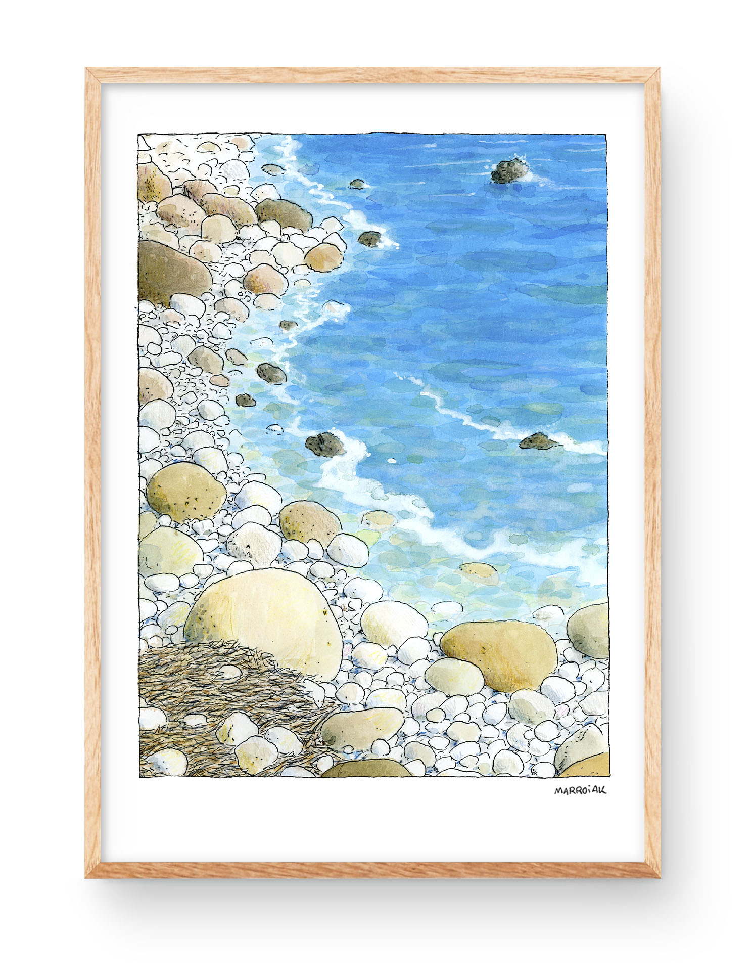 Watercolor landscape illustration of the Cala Moraig beach in the village of Benitatxell, Marina Alta, Alicante, Spain.