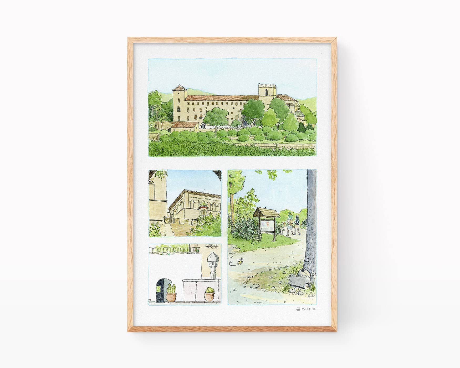 Dibujos de pueblos de Valencia: ilustración con una acuarela estilo cómic del Monasterio de San Jerónimo de Cotalba en el municipio de Alfauir y junto a Rótova en la comarca de La Safor (Valencia).