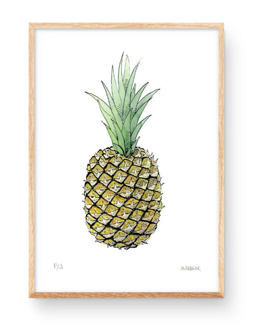 Lámina decorativa cocinas con un dibujo de una Piña. Grabado original edición limitada acuarela