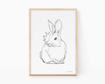 Láminas de animales de la península ibérica: ilustración en blanco y negro de un conejo dibujado a tinta. Decoración para biólogos.