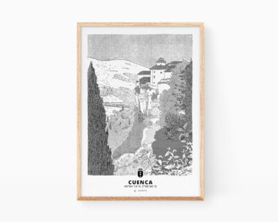 Láminas arte ciudad de Cuenca, España. Print con una ilustración en blanco y negro estilo ukiyoe