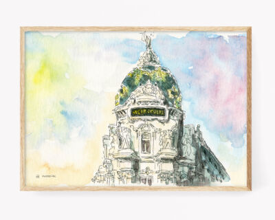 Lámina ilustración paisaje de Madrid con el edificio metrópolis en acuarela y tinta.