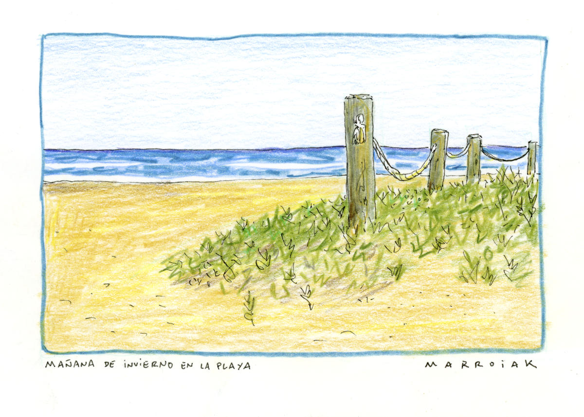 winter morning on the beach postcard drawing