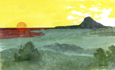 Acuarela del Montgó de Denia en subasta. Obra de arte original