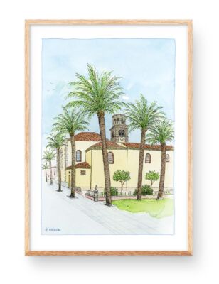 Ilustración en acuarela de la Parroquia Constitución en la Plaza Olivera en San Cristóbal de la Laguna, Tenerife. Islas Canarias. Láminas y grabados