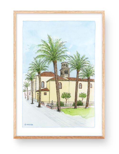 Ilustración en acuarela de la Parroquia Constitución en la Plaza Olivera en San Cristóbal de la Laguna, Tenerife. Islas Canarias. Láminas y grabados