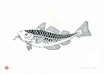 Pescado estilo japones dibujo a tinta original en subasta