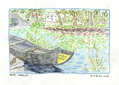 postal bote en munro island kerala. Urban sketching India