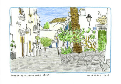 postal dibujo carrer santa creu dalt vila ibiza. arte de marroiak