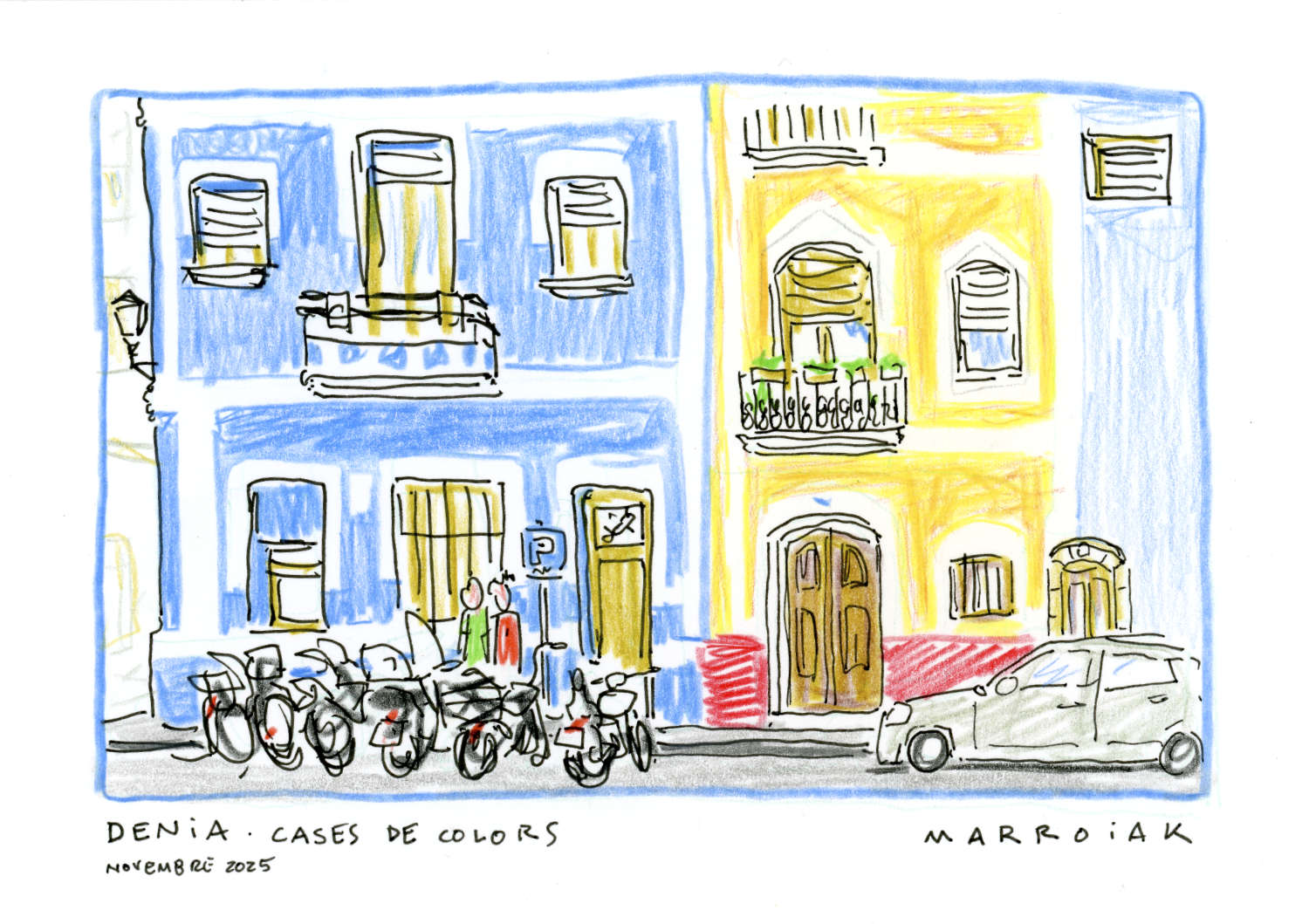 original postcard drawing denia colorful houses marroiak