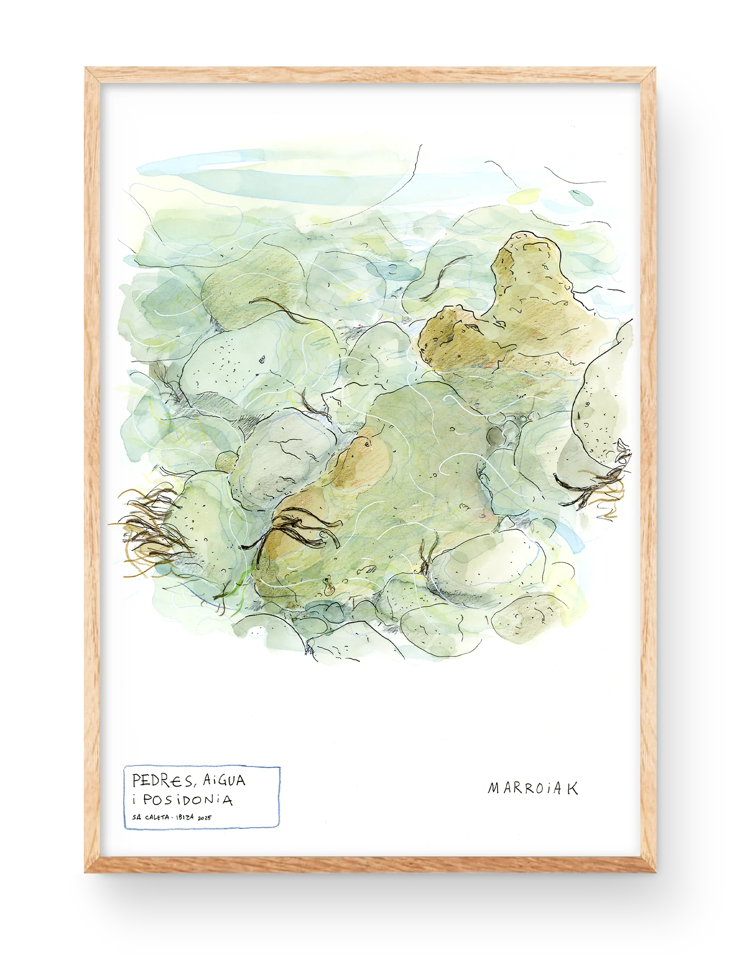 Print decorative painting of Ibiza watercolor stones sea in sa caleta
