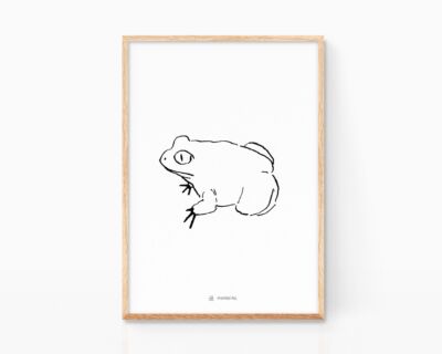 Lámina ilustración en blanco y negro rana comun. Estilo mamarracho minimalista. Tinta sobre papel